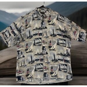 Knights Sportswear Tall Shirt SS Men Sz XLT Lighthouse Print Button Down Cotton